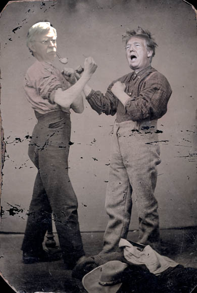 John Bolton and Donald Trump engaging in fisticuffs.