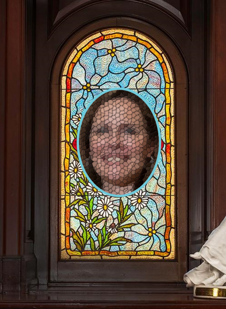 The Existential Threat of Amy Coney Barrett. Judge Barrett in a stained glass window.