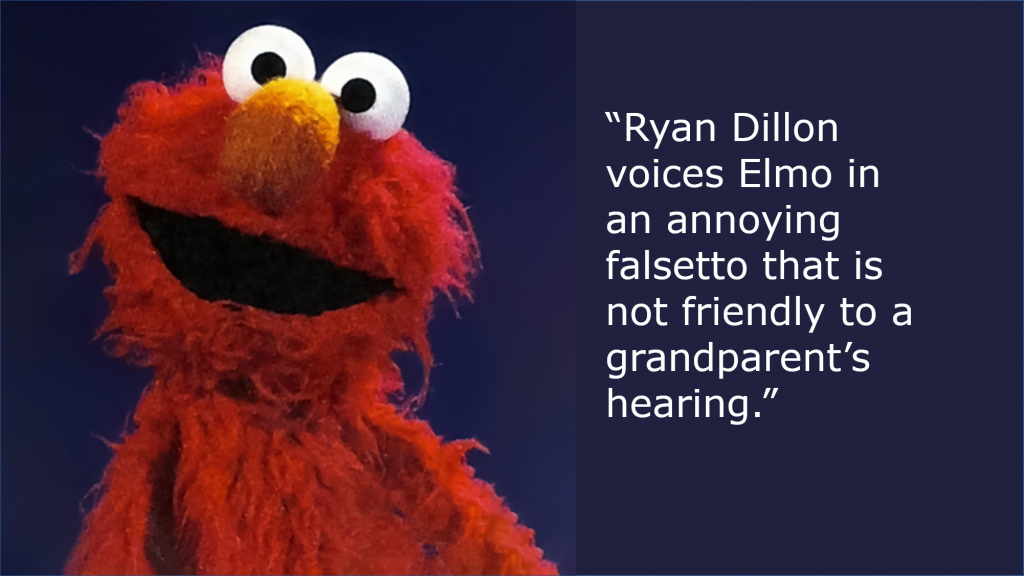 The Grandfather Diary. A year of caring for an infant. A picture of Sesame Street's Elmo.