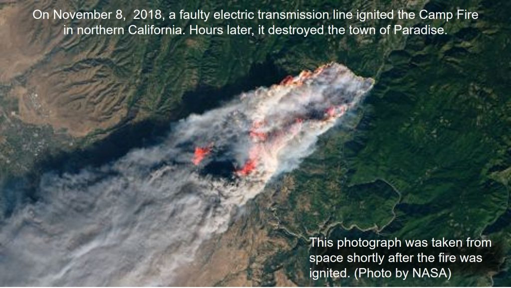 The Camp Fire from space, hours before it destroyed the town of Paradise, California in 2018. (NASA Photo)