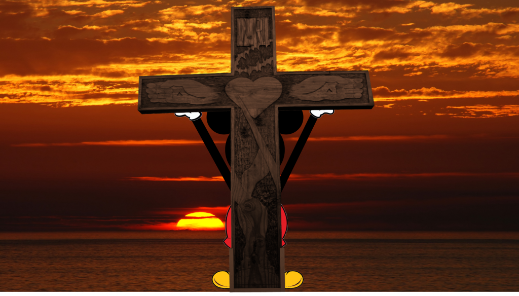 Mickey Mouse look-alike crucified, viewed from the rear.
