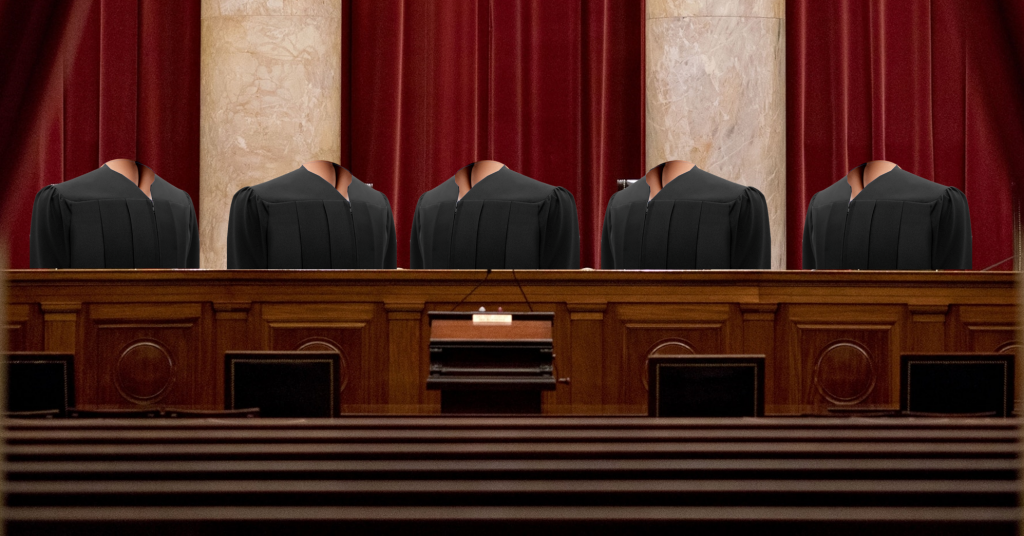 Five justices seated at the  bench. Instead of a head and neck, their robes reveal buttocks.