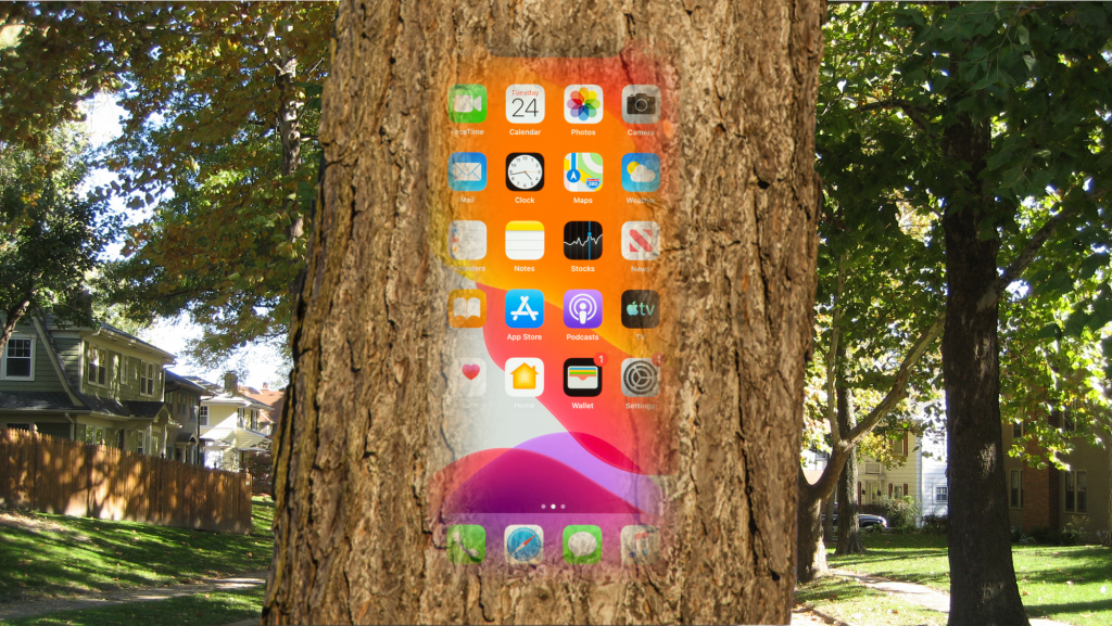 Image of a tree with the face of a cell phone embedded in its bark. A visual metaphor of the Interdog.