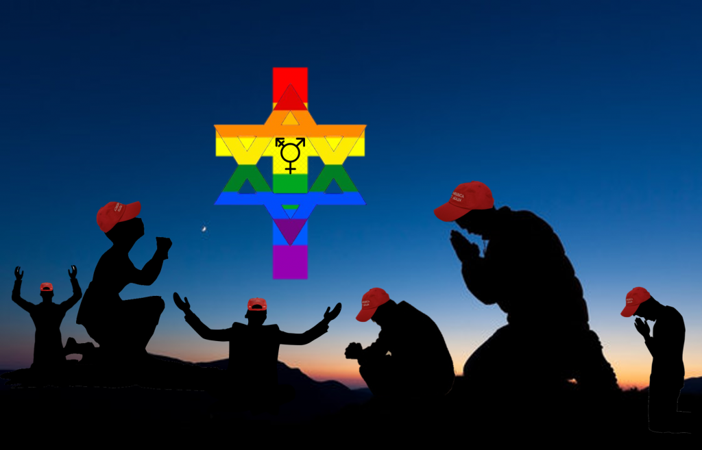 Picture of people kneeling and praying to an image in the sky.  The image consists of a rainbow cross, a rainbow Star of David, and the LGBTQ symbol.