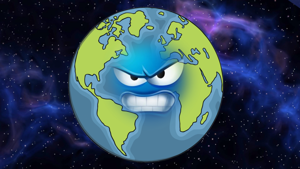Picture of the earth angrily frowning.