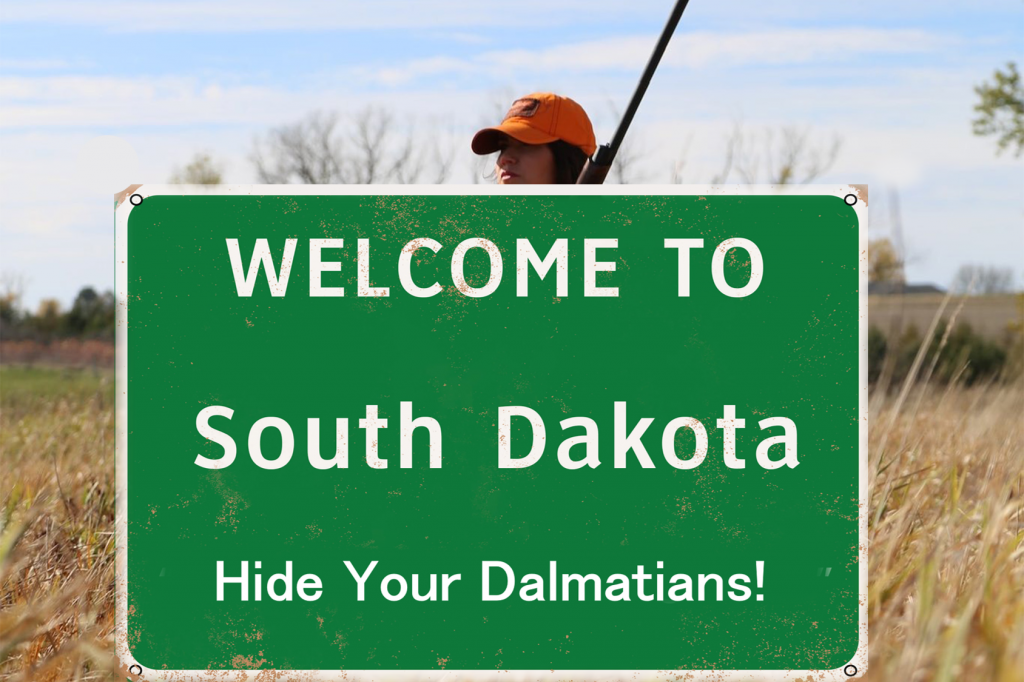 Welcome to South Dakota highway sign. Governor Kristi Noem lurks behind the sign, brandishing a rifle.